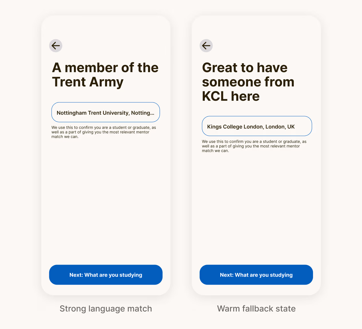 Warm personalised welcome screen showing university-specific copy